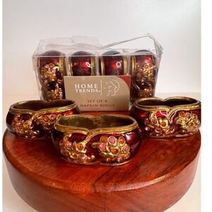 VTG Bejeweled Brass Napkin Rings Set Home Trends Red Gold‎ Jeweled Table Decor